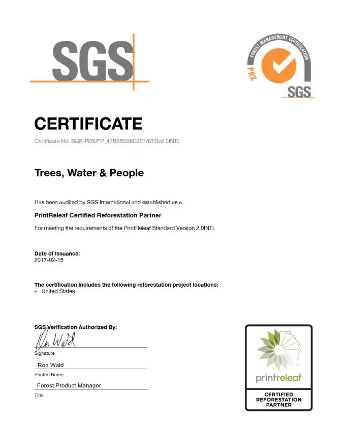 SGS Certificate, PrintReleaf, Pear Tree  Enterprises